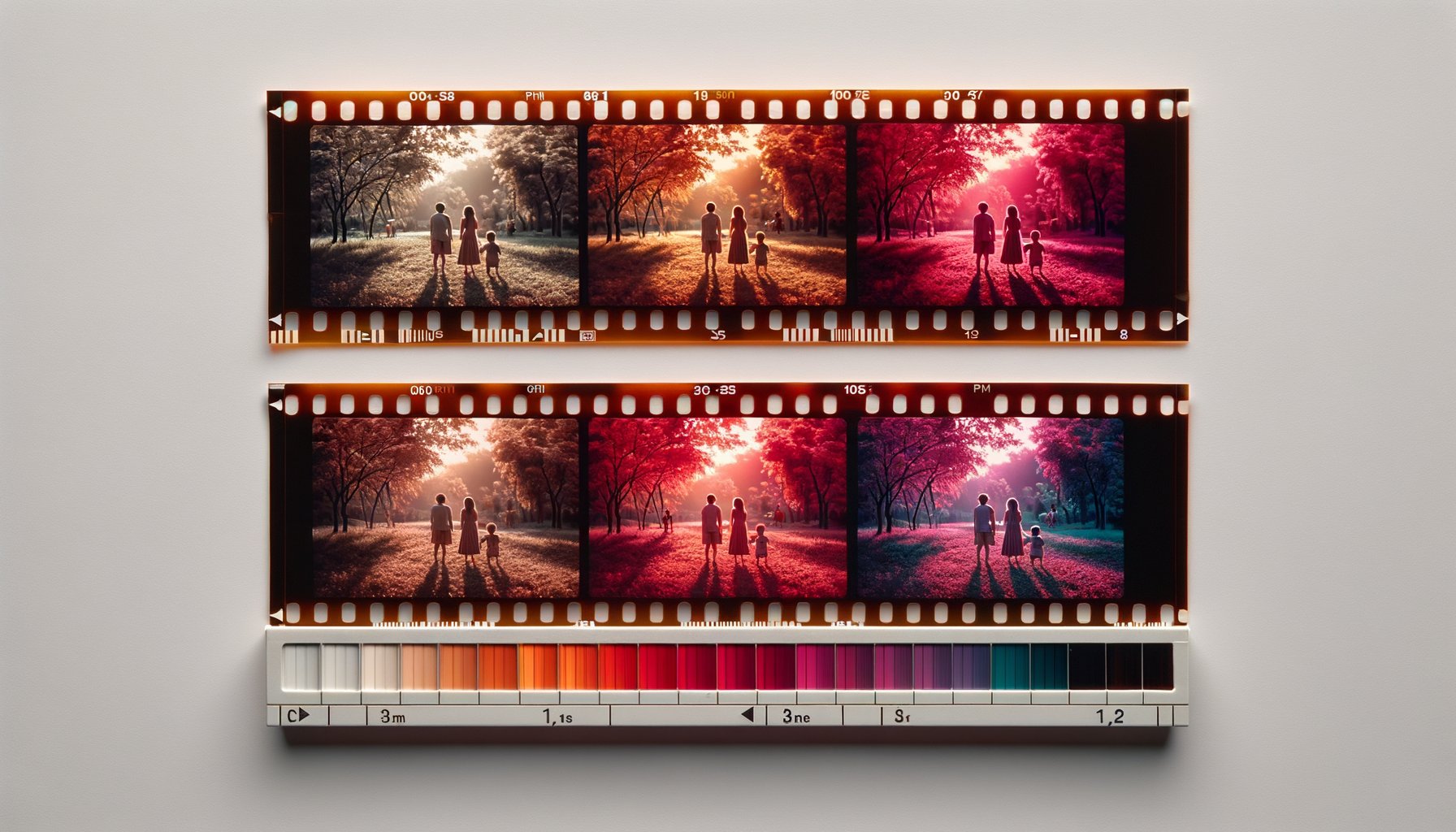 Side-by-side comparison of 8mm film frames showing progressive color fading from natural colors to moderate red shift to severe magenta color loss