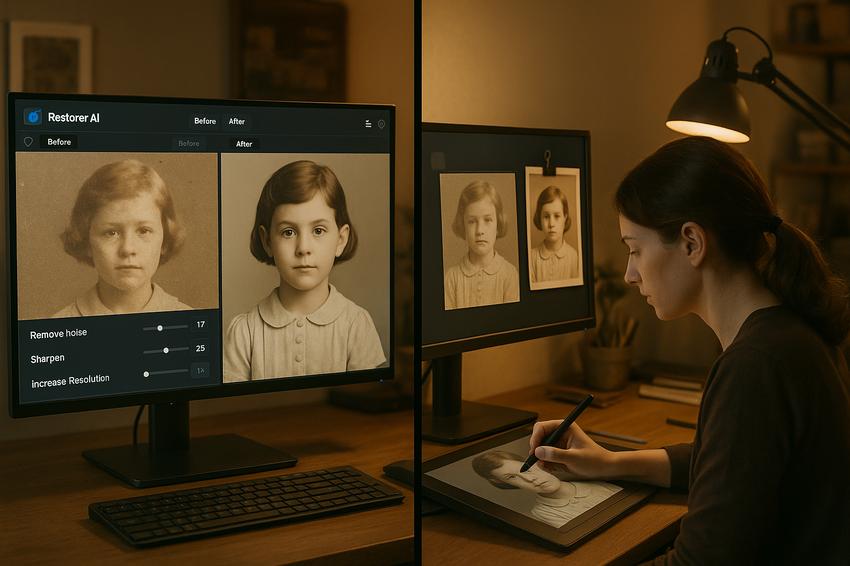 Side-by-side comparison of AI-automated photo restoration versus human professional restoration showing quality differences