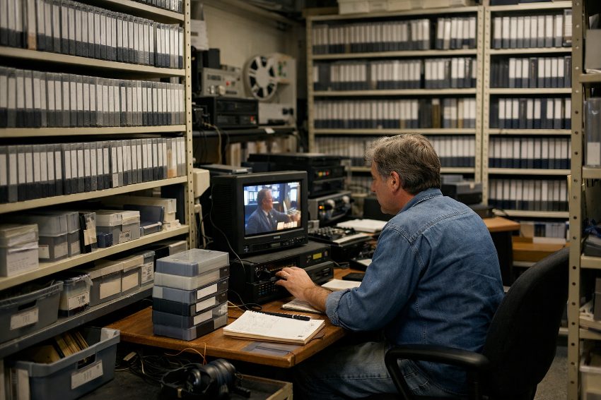 Climate-controlled storage room with VHS tapes shelved upright in protective cases