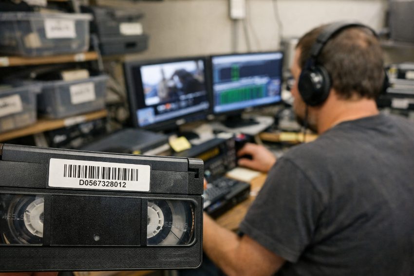 Barcode tracking label on videotape used in warehouse digitizing workflow