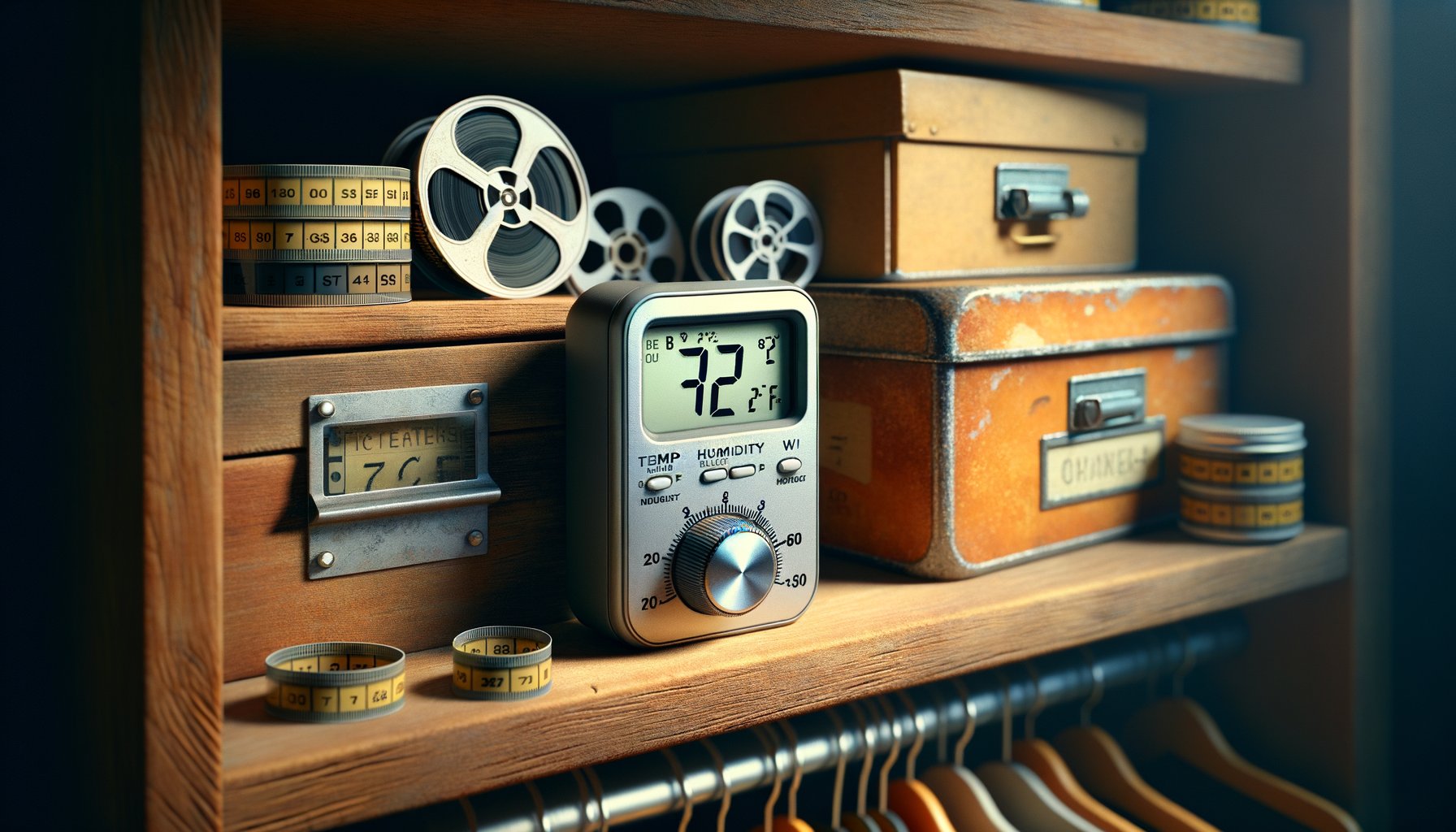 Digital thermometer-hygrometer showing 72 degrees and 50 percent humidity next to 8mm film reel canisters in a typical household closet