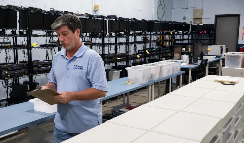 Video technician reviewing archival quality control checklist for MP4 encoding