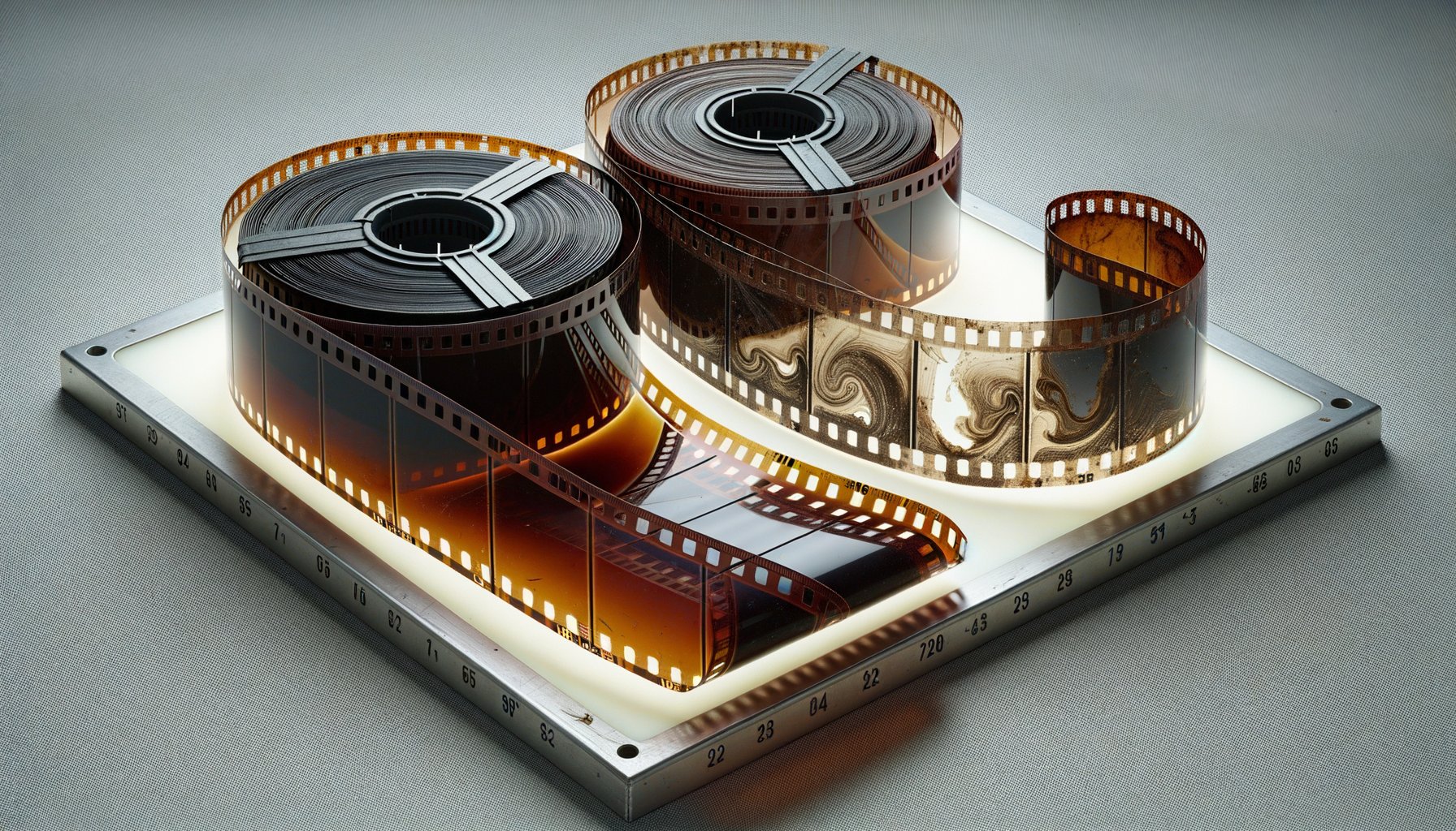Close-up comparison of 8mm film strips showing vinegar syndrome degradation stages with one clean flat strip and one warped buckled strip
