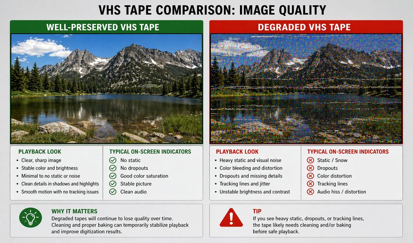 Side by side comparison of clear VHS playback versus degraded tape with snow and tracking lines