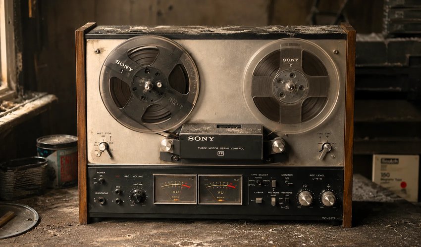 A vintage audio cassette with the tape shedding out of the shell, showing sticky shed damage