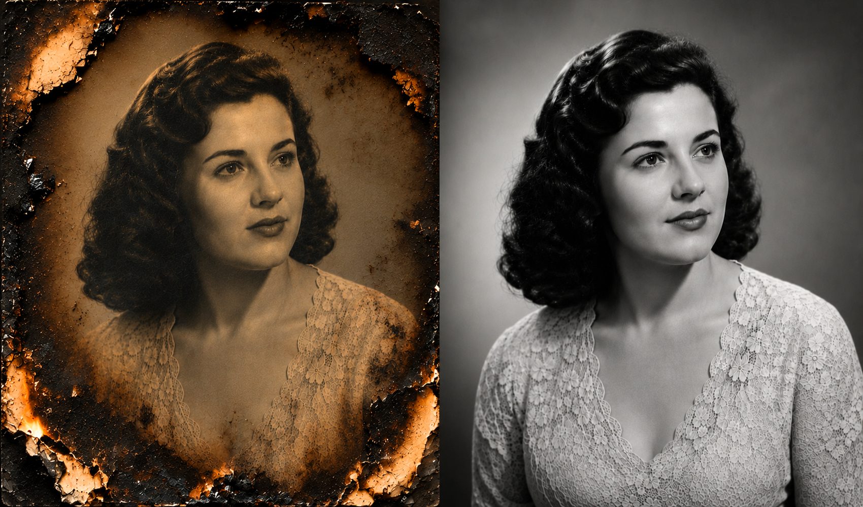 Severely damaged 1950s portrait of woman fully restored to its original beauty by Forever Studios photo restoration team