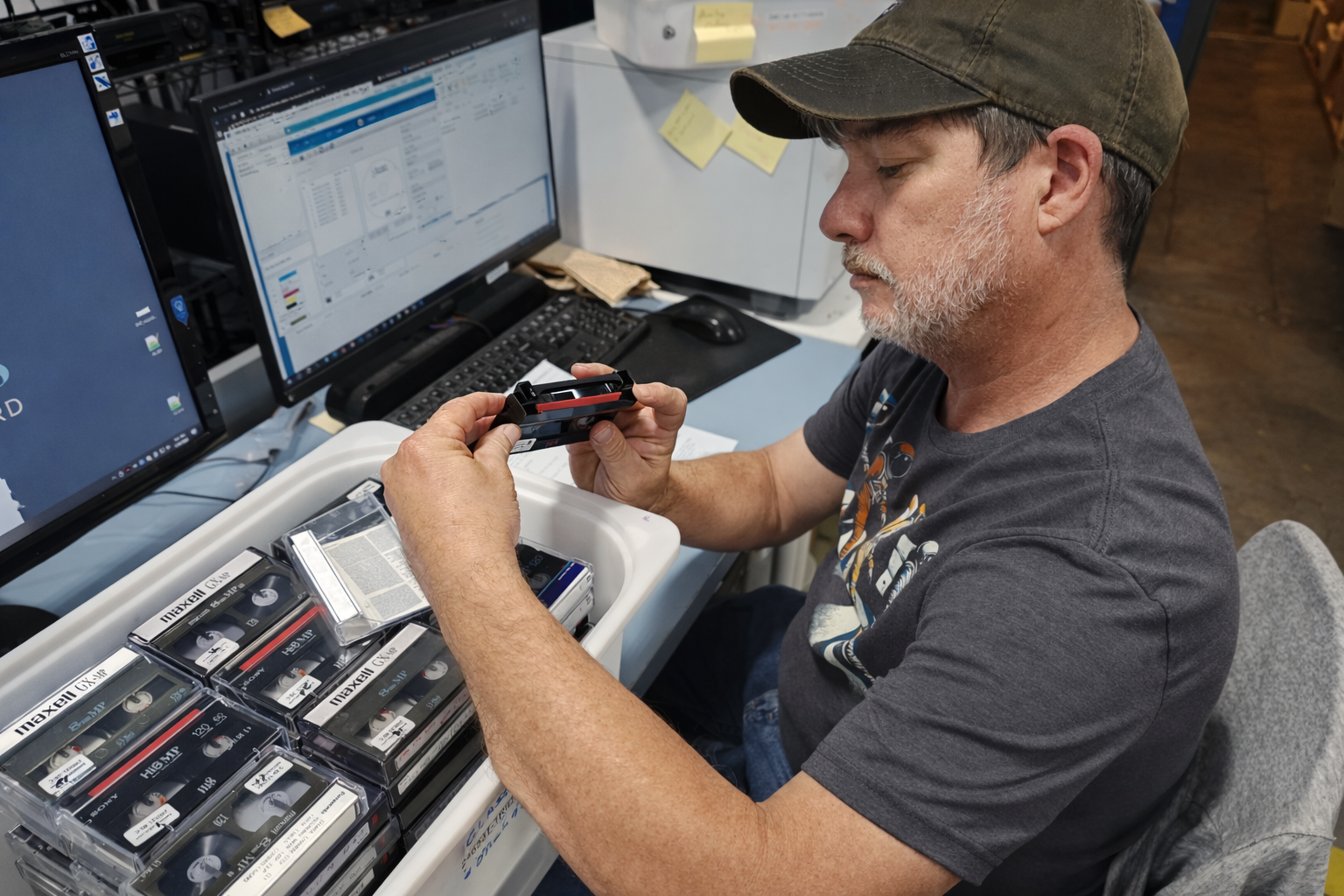 David Jacobs, Forever Studios head of Video Tape Digitizing, inspecting tapes during intake