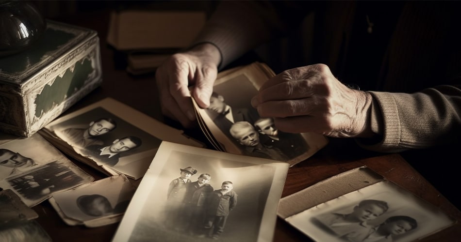 Older person looking through old family photos