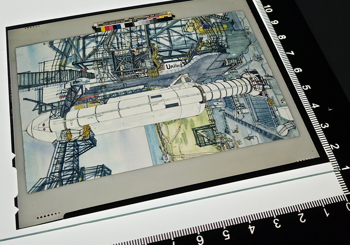 Vintage NASA transparency with space shuttle on measurement grid during scan prep