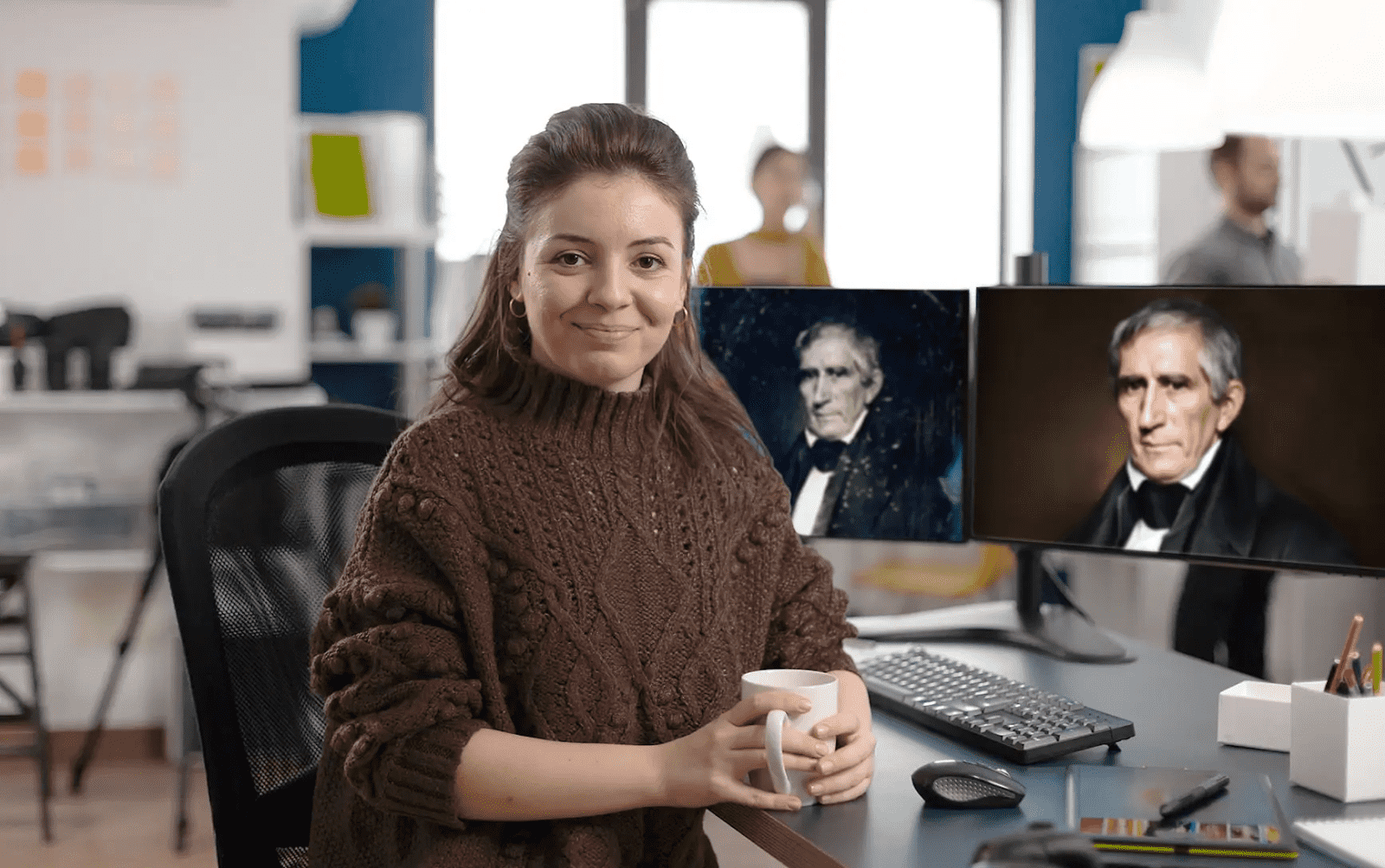 a smiling woman with brown hair and a coffee cup in her hands, sitting in front of a desk with two computer monitors on it. The monitors show two versions of the same image of president william henry harrison. one is black and white, and the other is restored and colorized by forever studios