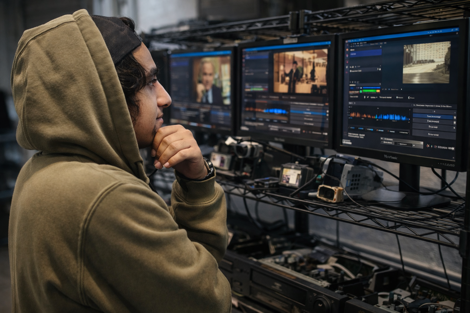 Forever Studios staff engineer monitoring active VHS tape capture in real time