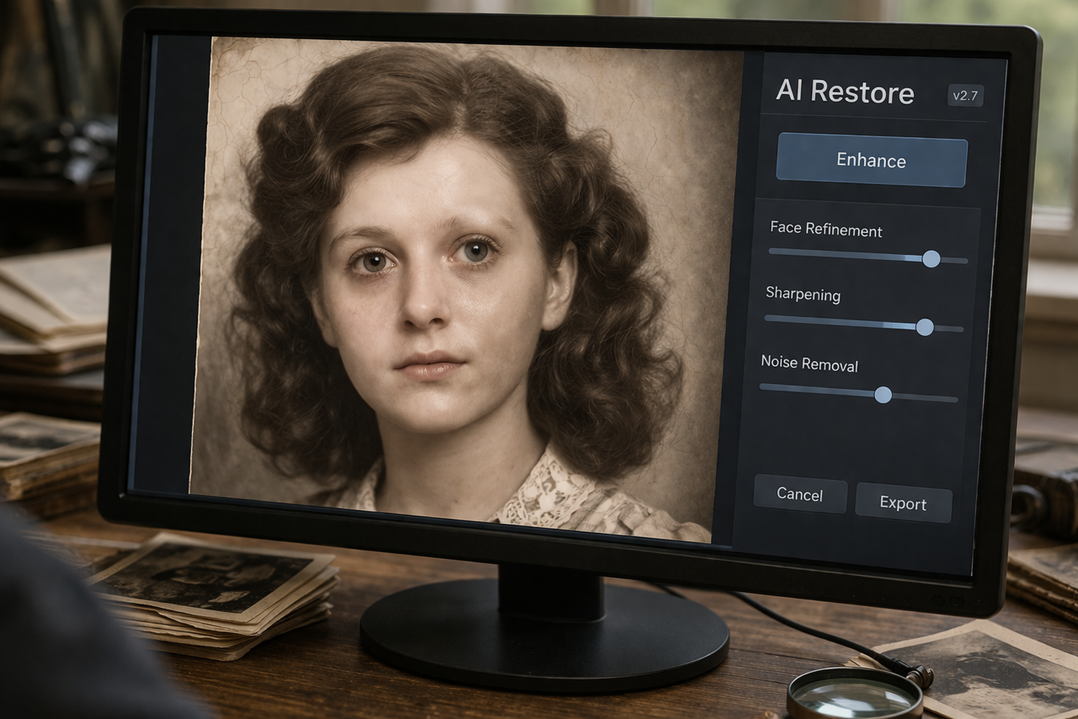 Example of AI photo restoration result versus professional result, photo restoration