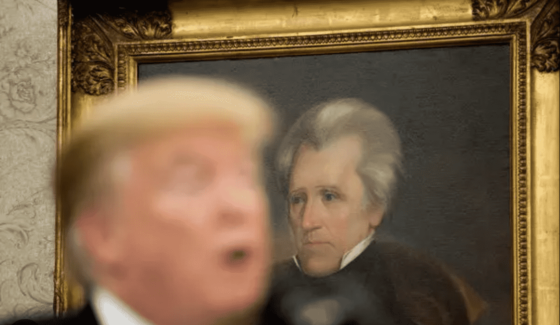 a selective focus photograph of president donald trump out of focus talking while standing in front of a painting of president Andrew Jackson that appears to be looking towards him