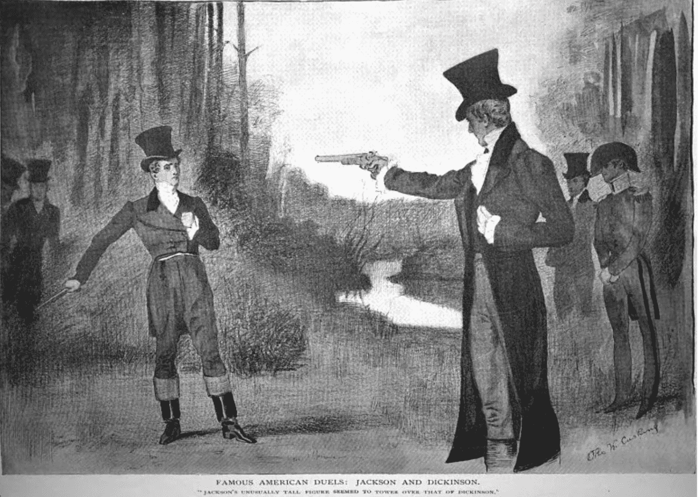 an image of a classic black and white painting depicting the famous duel between andrew jackson and charles dickinson. It depicts jackson on the right pointing a flintlock pistol towards the chest of Dickinson who appears to have been shot