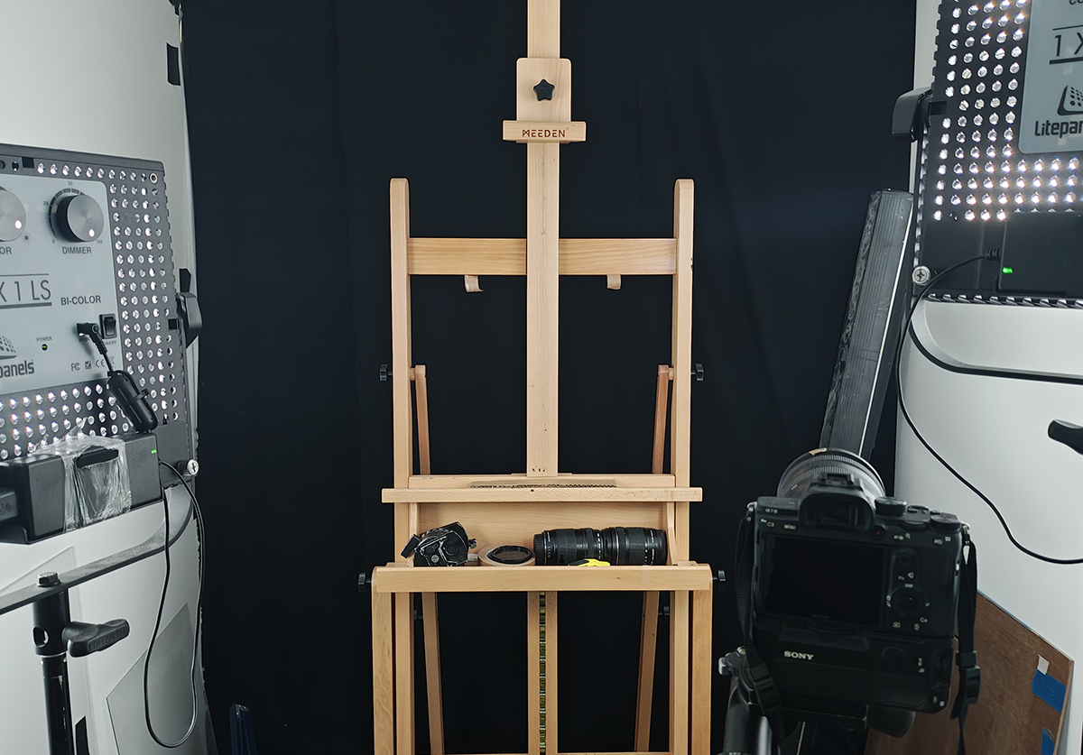 Darkroom DSLR rig with overhead camera and LED lighting for transparency digitization