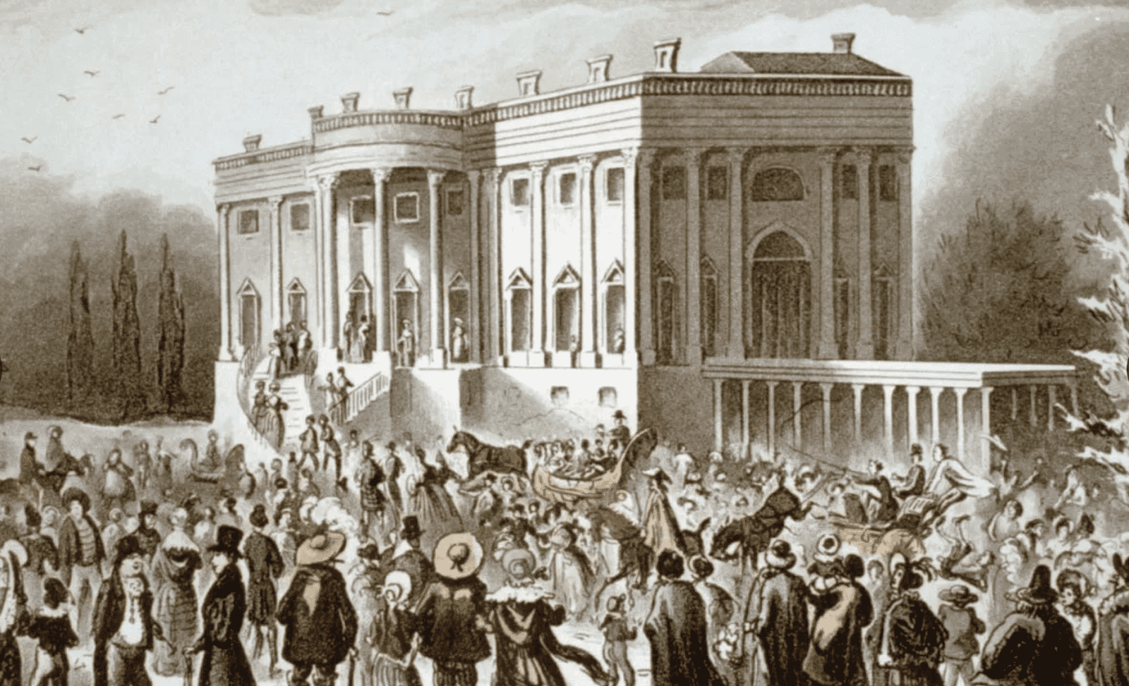 a color painting of the inauguration of andrew jackson. it shows a large crowd of people massing into the white house from the white house lawn. the event appears to be chaotic